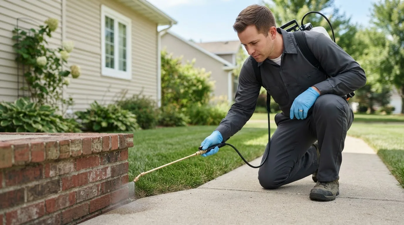 Pest control technician treating a home near Milfay, OK