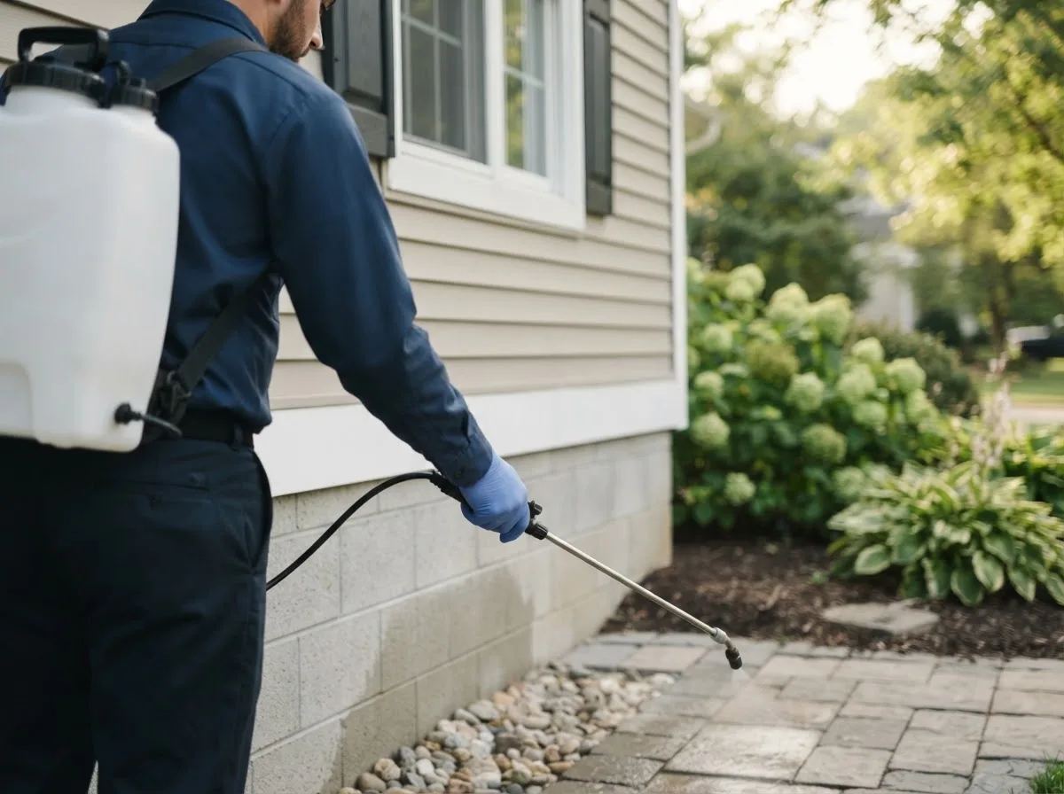 Pest control technician inspecting a home in Milfay, OK